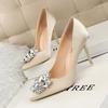 Summer New Rhine-diamond Sexy Banquet High Heels for Women Slim Heels Thin Mouth Wedding Shoes Pointed Shiny Single Shoes