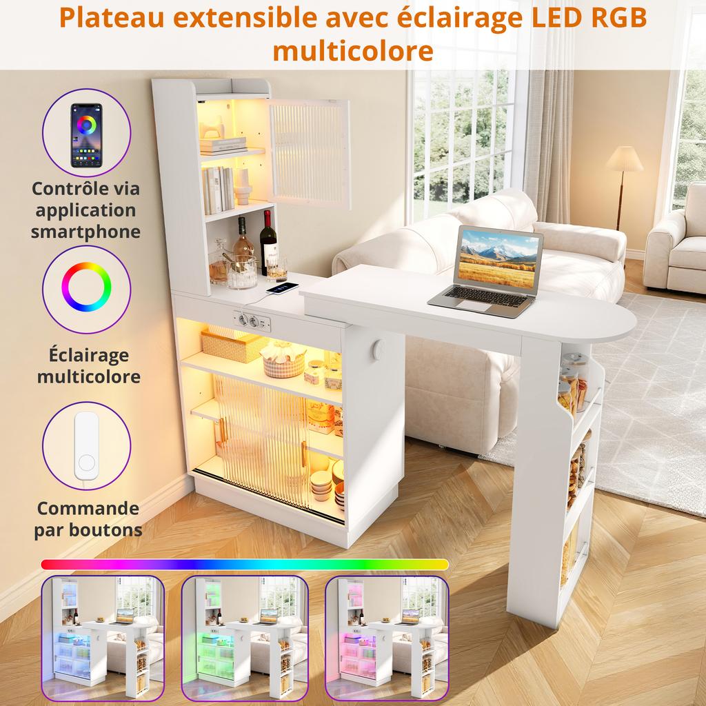 Extendable bar table with storage, bar cabinet & sideboard, kitchen cabinet with glass doors, LED lighting, White, 131–170 × 40 × 170 cm