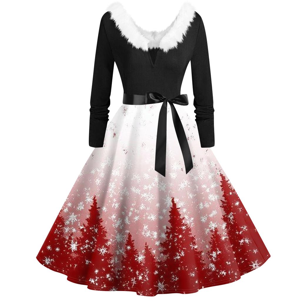 Женская мода с v-образным вырезом, повседневные тонкие рождественские платья с воротником из волос и длинными рукавами с принтом