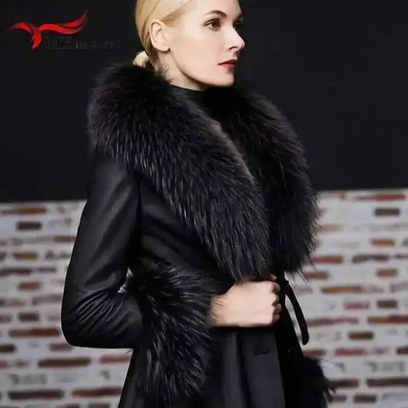 Элегантный Роскошный Набор Воротник Манжеты из Меха Енота Большого Размера 100% Натуральный Мех Шарф Теплый Женский Шаль Воротник Пальто Женщины Зима