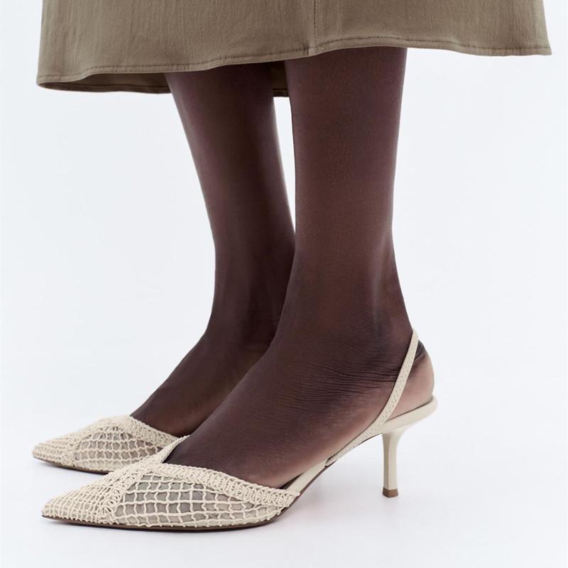 Модный сетчатый плетеный дизайн Тонкие высокие каблуки Женские Сексуальные с острым носком Дышащие Босоножки на каблуке с ремешком сзади Элегантные Бежевые Туфли для вечеринки