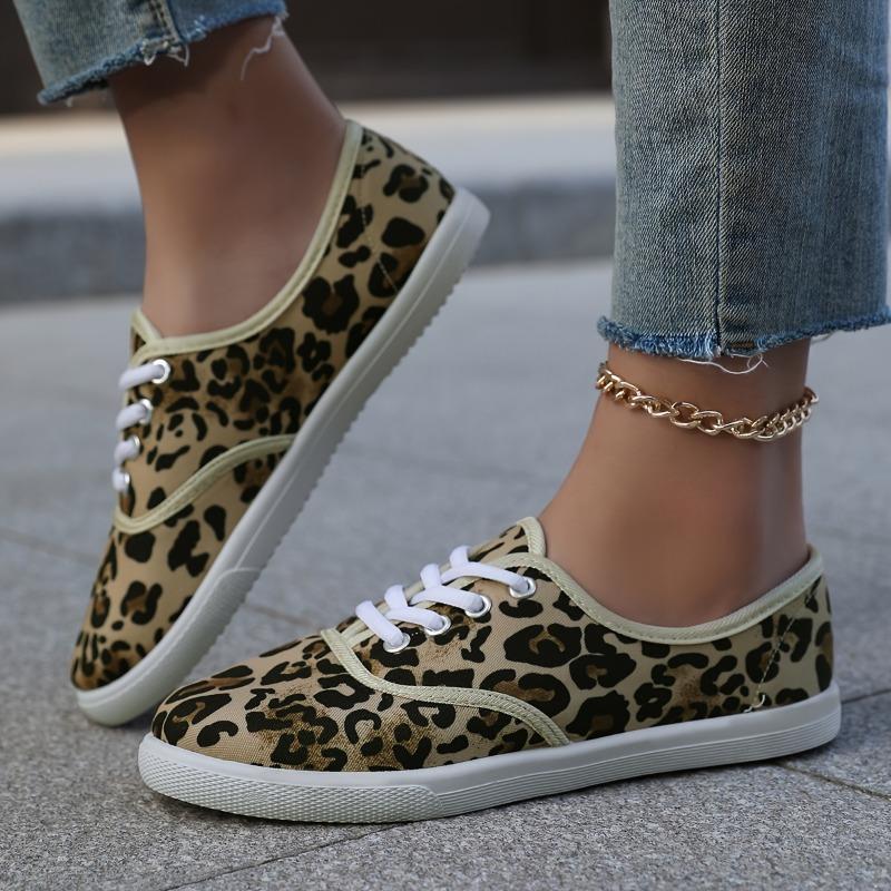Leopard Print Women's Flat Sneakers | Casual Lace-Up Slip-On Shoes with Round Toe, Soft Fabric Upper, PVC Sole, Ideal for Spring and Summer