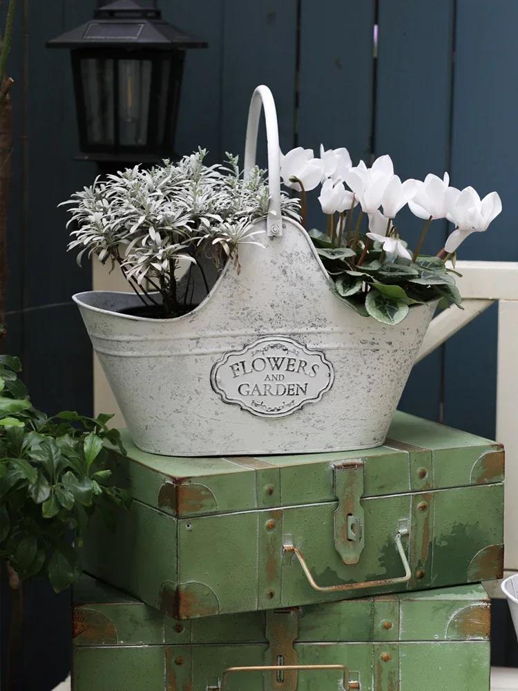 Металлическая кованая корзина для цветов, предметы интерьера, хранение инструментов во дворе, подвесная корзина, сад, балкон, европейский ретро-стиль, украшение