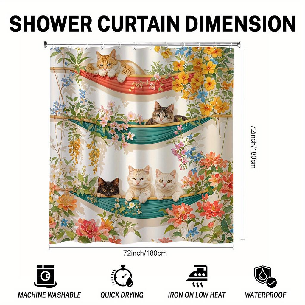 Winter Cat Hammocks & Flower Racks Shower Curtain - Cute Cartoon Animal Design, Perfect for Adorable Bathroom Decor