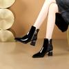 Модные лаковые ботильоны на блочном каблуке, женские модные ботильоны с острым носком, цветные блоки, боковая молния, металлическая пряжка, пайетки, нескользящая подошва