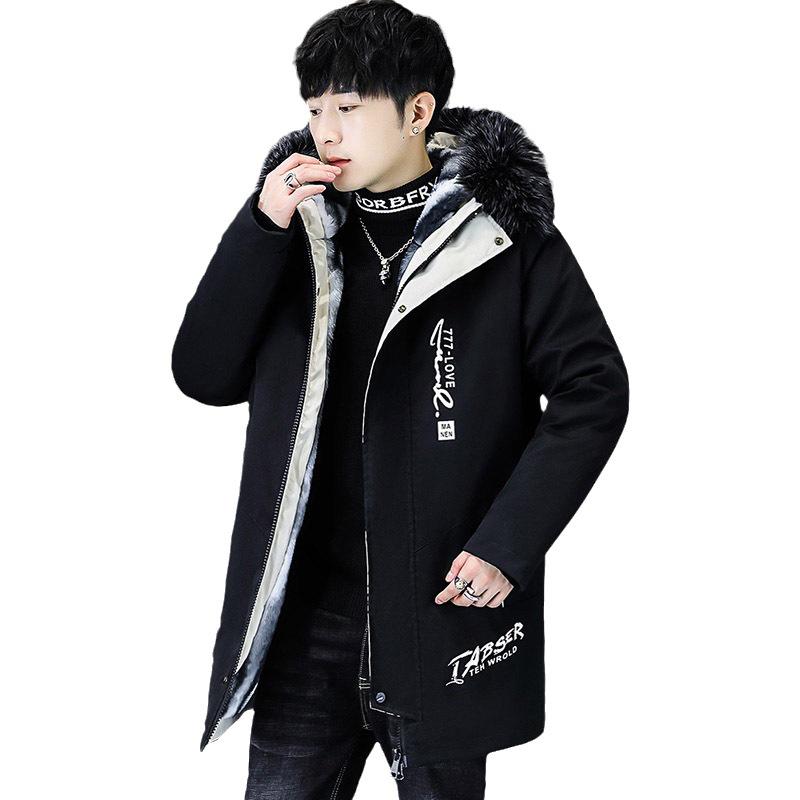 2023 Мужская зимняя ветровка с капюшоном из бархата и меховым воротником — утолщенная повседневная хлопковая куртка средней длины