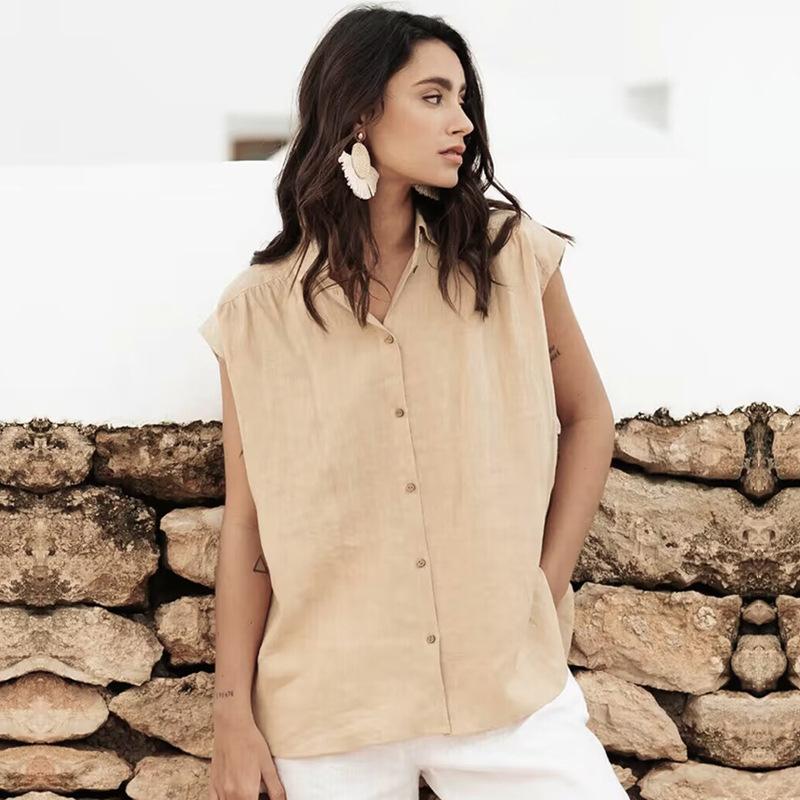 Летняя женская рубашка из хлопка и льна, простая повседневная однотонная блузка без рукавов