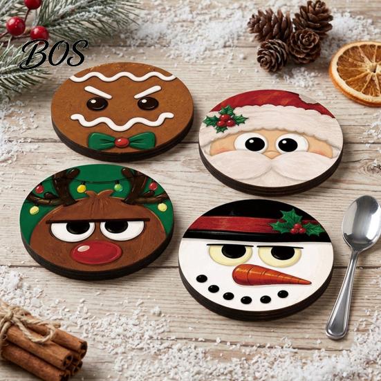 Santa Claus Reindeer Snowman Ornaments 4Pcs Christmas Wooden Coaster, Cute Gingerbread Man Round Coaster Set Drink Mats, Heat-Insulating Table