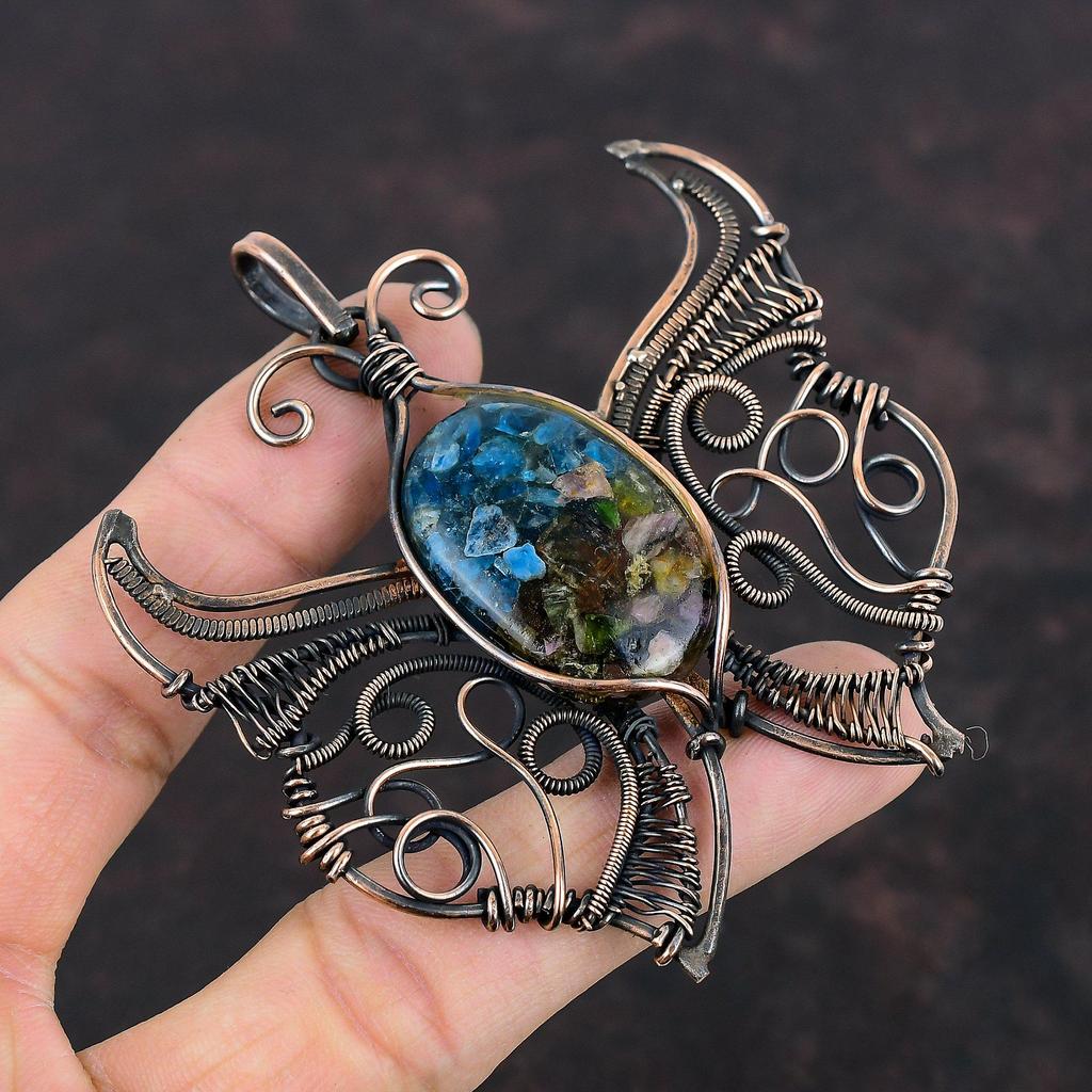 Подвеска из турмалина-арбуза, подвеска, обмотанная медной проволокой, подвеска ручной работы из натурального драгоценного камня, медные украшения, подвеска-бабочка, украшения в технике wire wrap