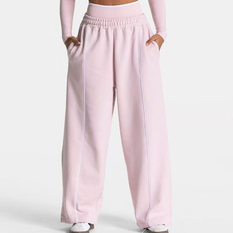 Women Sweatpants Cotton Red Side Striped Sports Pants Straight Elastic Waist Pants For Women Navy Blue Sweatpants With Stripe