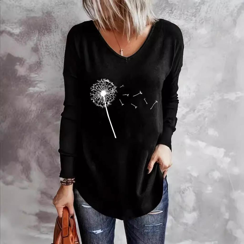 Animal Letters Feather Moon Printed 3D T Shirts Plus Size Black Tees Women Fashion V Neck Long Sleeve T Shirt