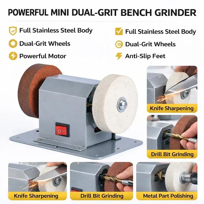Mini Electric Bench Grinder Sharpener, Stainless Steel Body, Coarse & Fine Wheel, Multi-Function Tool Grinding Machine