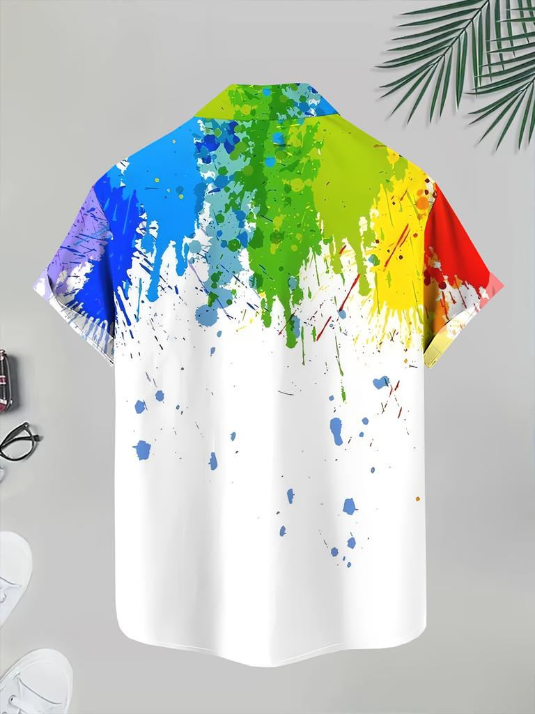 New Men'S Casual White Base Rainbow Splatter Print Shirt, Men'S White Base Rainbow Gradient Splatter Print Short Sleeve Shirt, Featuring White As The