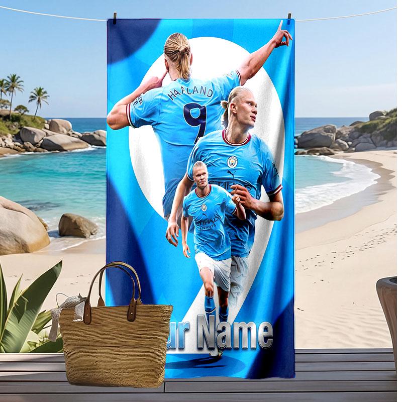 Erling Haaland Personalized Printed Beach Towel Soccer Logo Support Custom Name Text Absorbent Towel For Sport Travel Special Gift