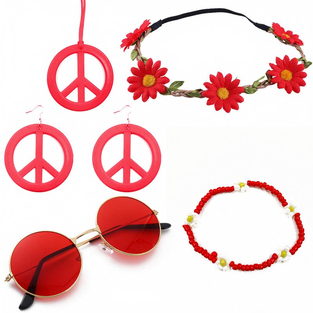 Bohemian Hippie Glasses, Sign Earrings and Necklace Set, Flower Headband for Women Festival Costume Accessories