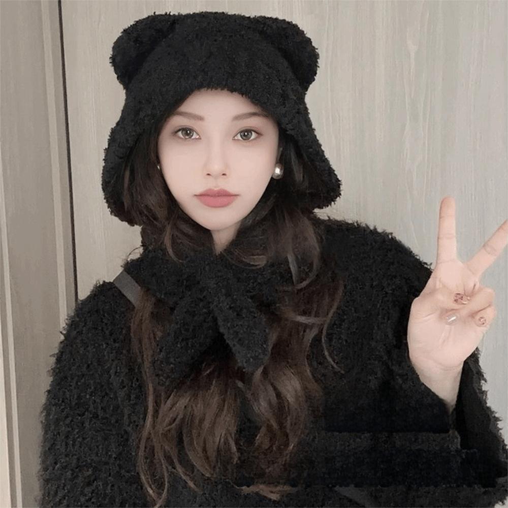 Bear Ear Women Scarf Hat Knitted Knitted Pullover Cap Durable Warm Cap  Outdoor Activities