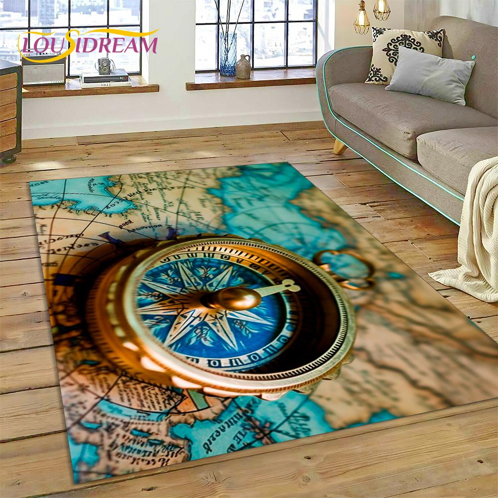 Древняя морская карта Карта мира Компас Ковер для гостиной Спальня Декор, напольный коврик Нескользящее украшение для дивана Коврик