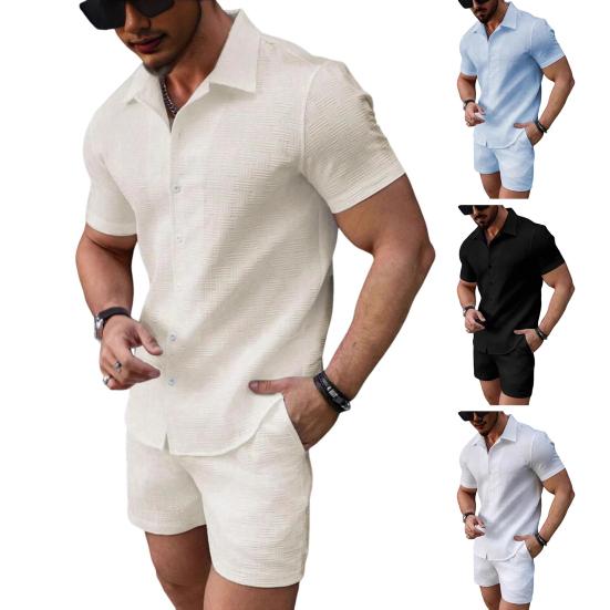 2 шт./комплект мужской наряд рубашка с коротким рукавом и лацканами топы эластичный шнурок на талии карманы шорты комплект однотонный пляжный наряд