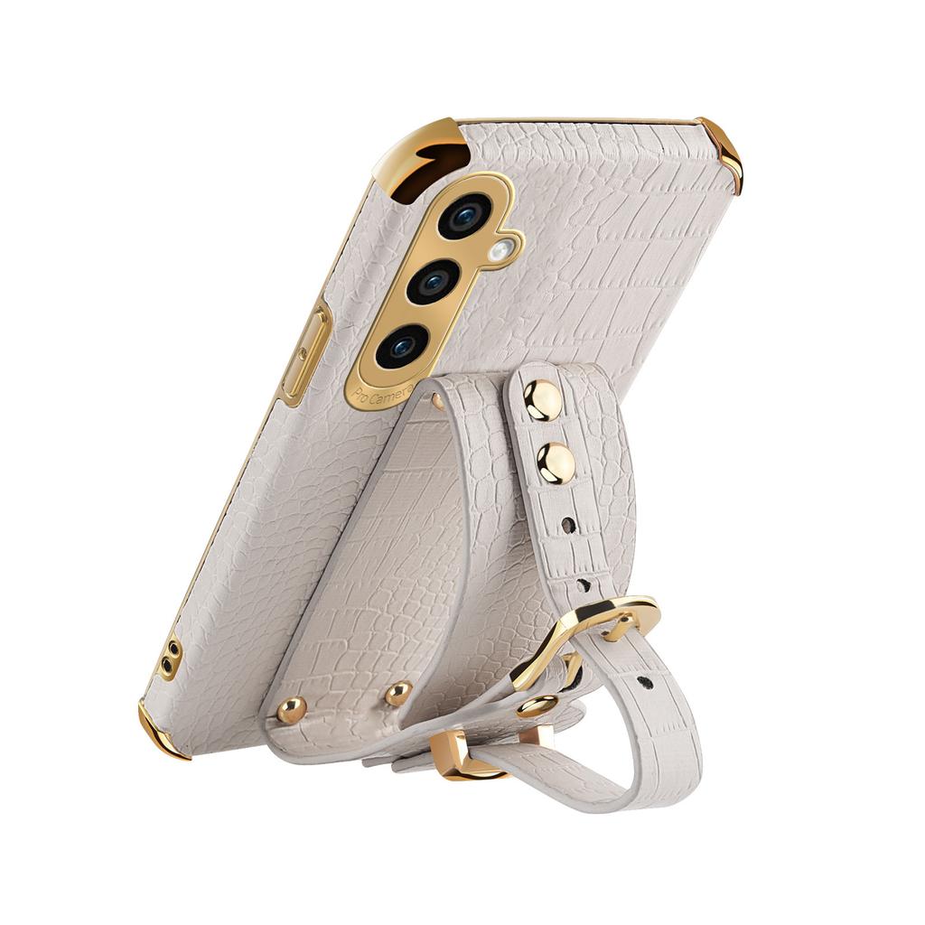 For Samsung Galaxy A05s 4G Cell Phone Case Electroplated Leather+TPU Anti-scratch Cover with Wristband