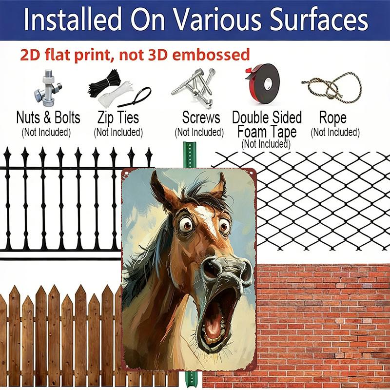 2D Flat, Funny Shocked Horse Aluminum Sign - Retro Humorous Animal Wall Decor Man Cave, Garage, Bar Decor, Farmhouse Decor, Ranch Decor, Funny Home