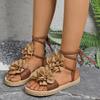 Fashion New 2025 Large-sized Ankle Lace-up Flower-shaped Sandals for Women, Fashionable Woven Strap Beach Flip-flops for Women Shoes