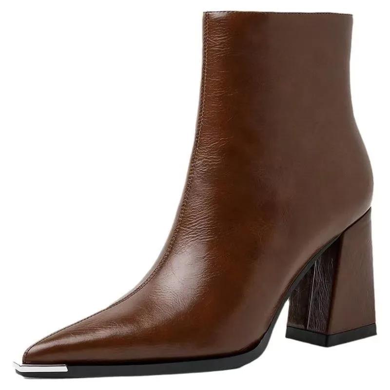 Распродажа женской обуви 2024 года, модные женские ботинки на молнии, зимние, с острым носком, однотонные, короткие, на толстом каблуке, ботинки Botas De Mujer