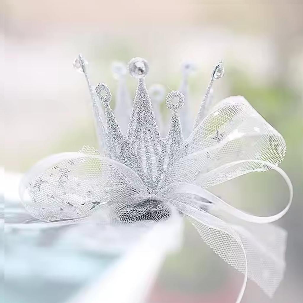 Set of 2 Crown Hair Clips with Tulle Ribbons, Gold and Silver, Hair Accessories for Babies and Kids, Princess Style, Birthdays, Photography,