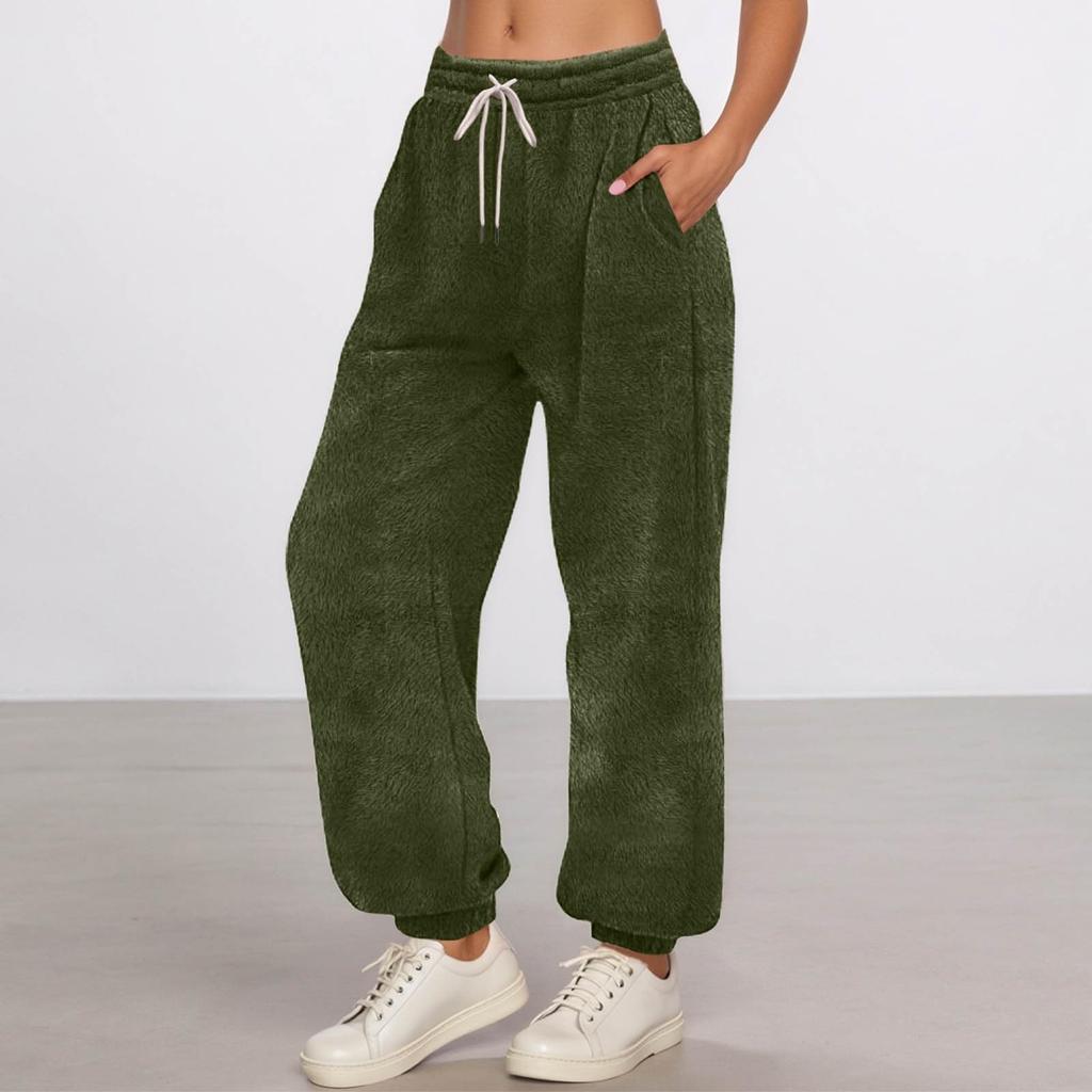 Women's Fashionable Solid Color Pocket Drawstring Elastic Waist Plush Casual Pants