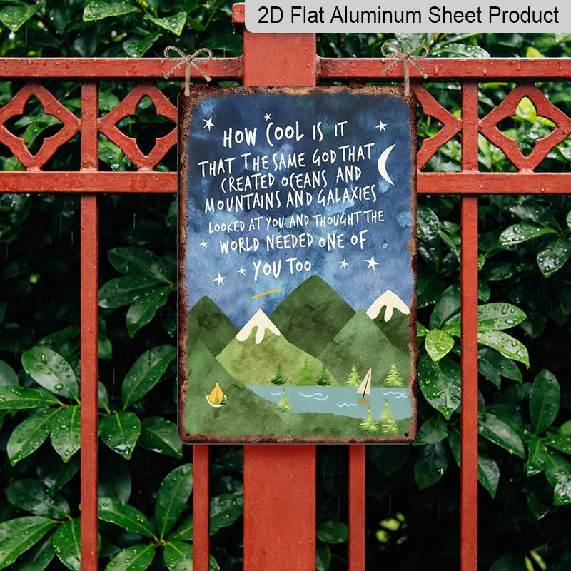 2D Flat, Decorative Aluminum Sign and Plaque Vintage Bohemian Metal Sign 8x12 Inches - Mountain Lake Starry Sky Design Rustic Style Inspirational