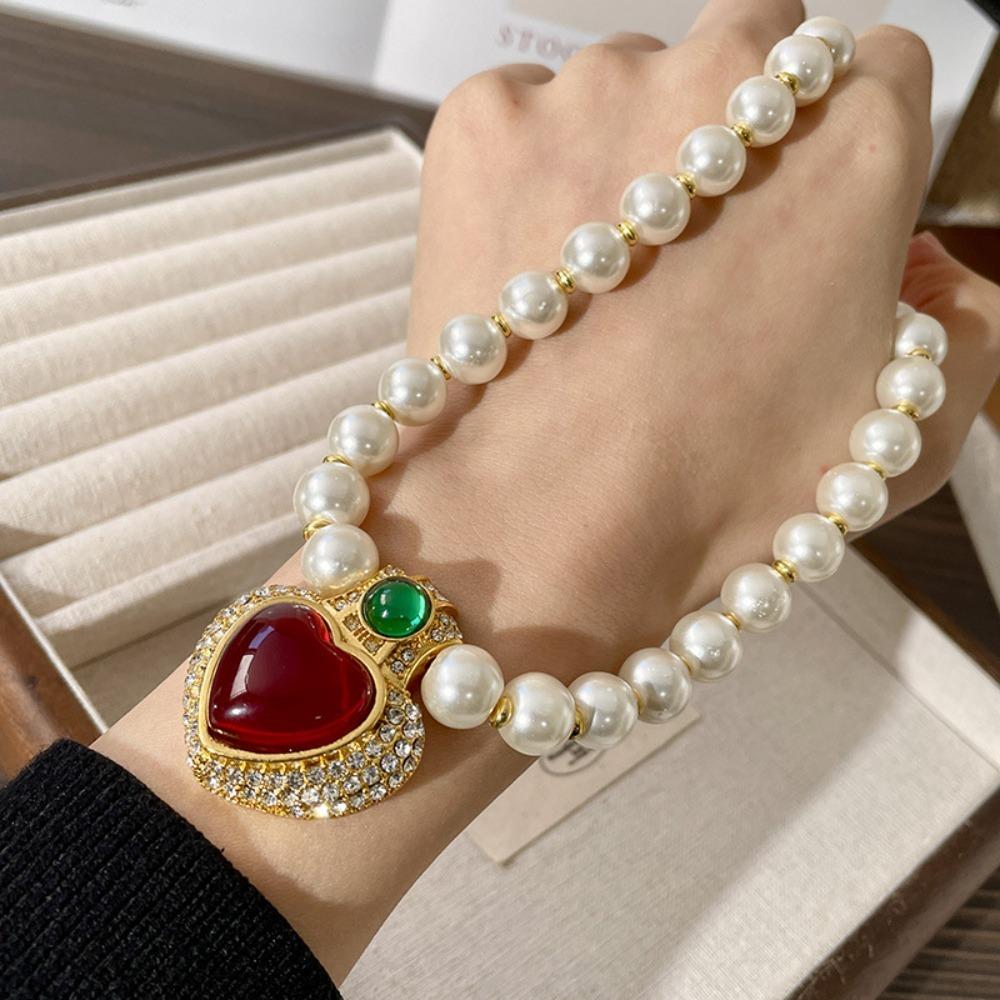 Жемчужный чокер Жемчужная цепочка Ожерелье Винтажная жемчужная цепочка для ключиц Подвеска в виде красного хрустального сердца Подарок