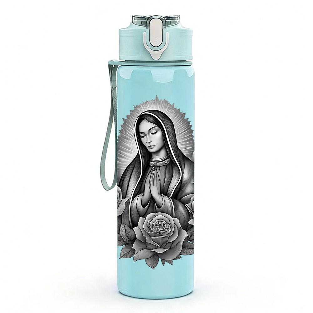 1PC Virgin Mary Floral Portrait 750ml Color Plastic Sports Water Bottle Leakproof Flip Straw Lid Suitable for Sports Office Home Use