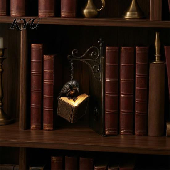 Heavy Duty Book Ends Gothic Metal Bookends with Hanging Light, Cat Raven Ghost Decorative Black Moon Support Bookshelf Lamp, Vintage Church