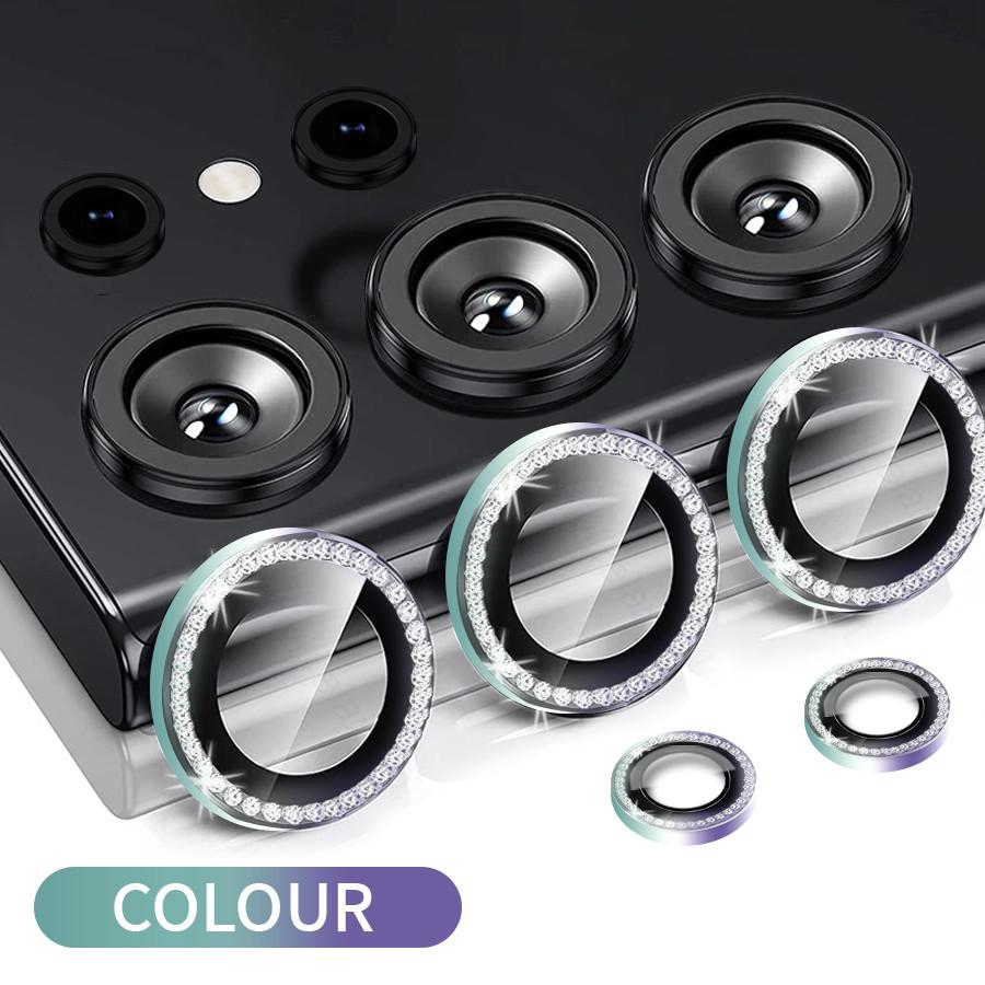 1 Set For Samsung Galaxy S24 S23 Ultra S24 S23 Plus Bling Glitter Diamond Metal Camera Lens Protector Ring with Tempered Glass