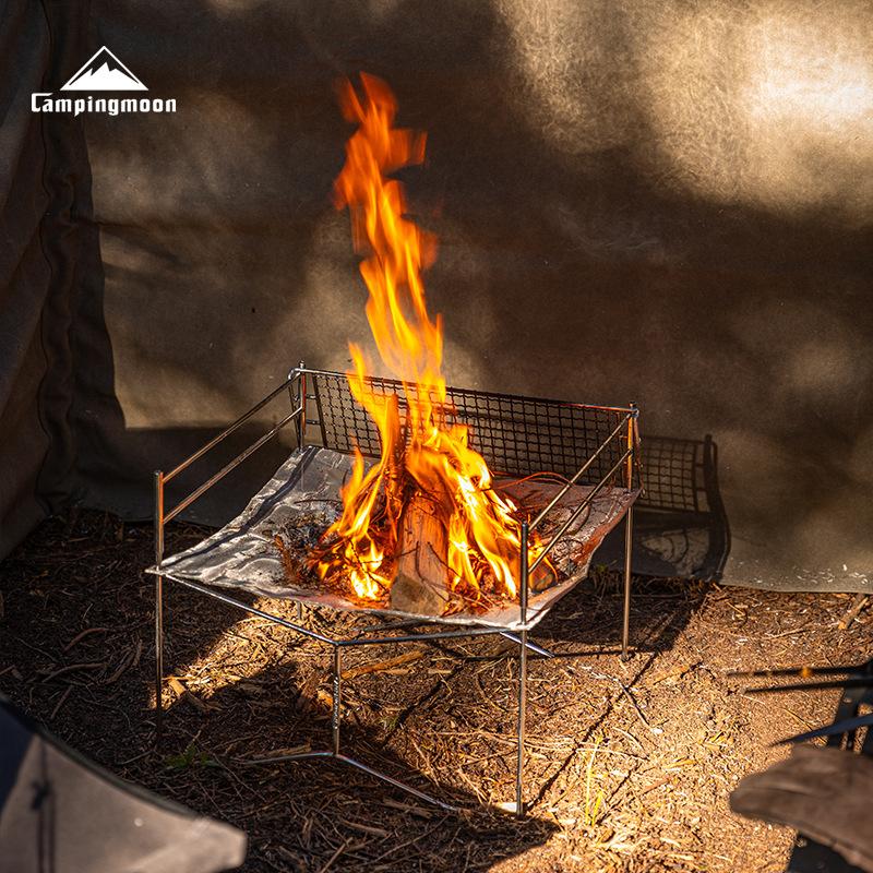 CAMPINGMOON Small Stainless Steel Solo Stove Winter Fire Pit With J-Shaped Grill Net Foldable And Portable Barbecue Grill