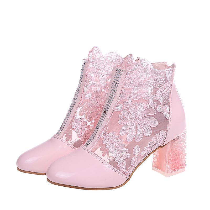 Весна 2021 года, корейские кружевные цветочные сетчатые римские босоножки на высоком каблуке с кристаллами