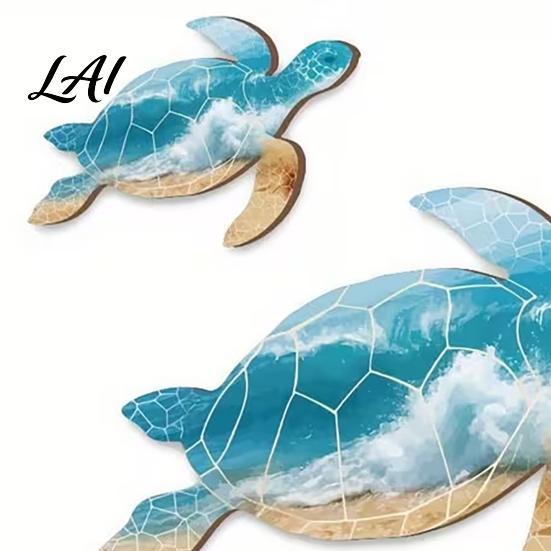 Tropical Wall Decorations 3Pcs Wooden Turtle Art Ocean Theme Hanging Ornaments for Bathroom Beach Style Living Room Bedroom Coastal with Traceless