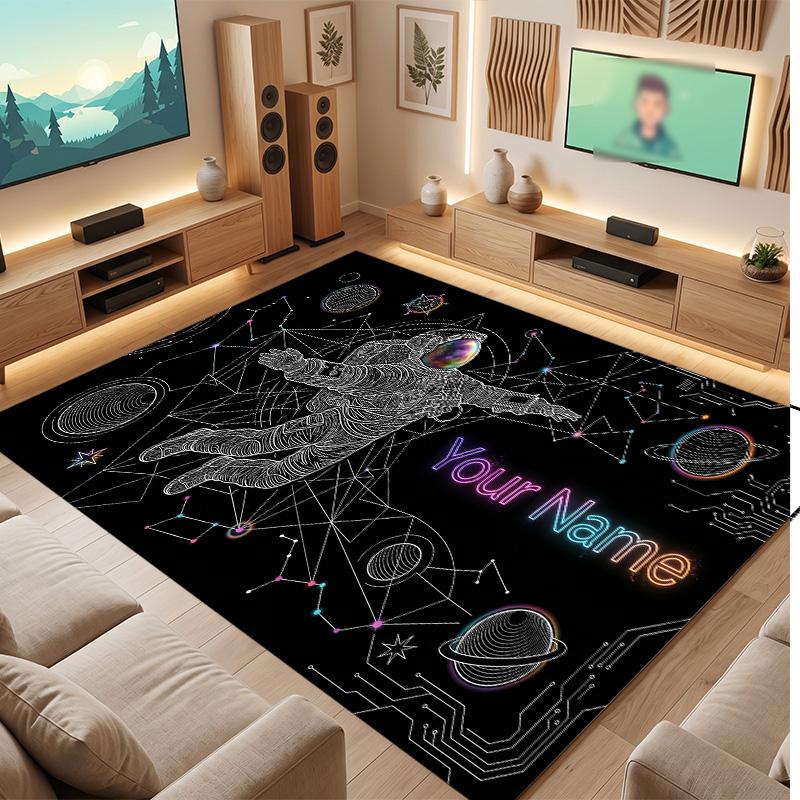 Astronaut Space Theme Soft Crystal Velvet Rug Custom Name & Text Print Non Slip Floor Rug for Bedroom Living Room