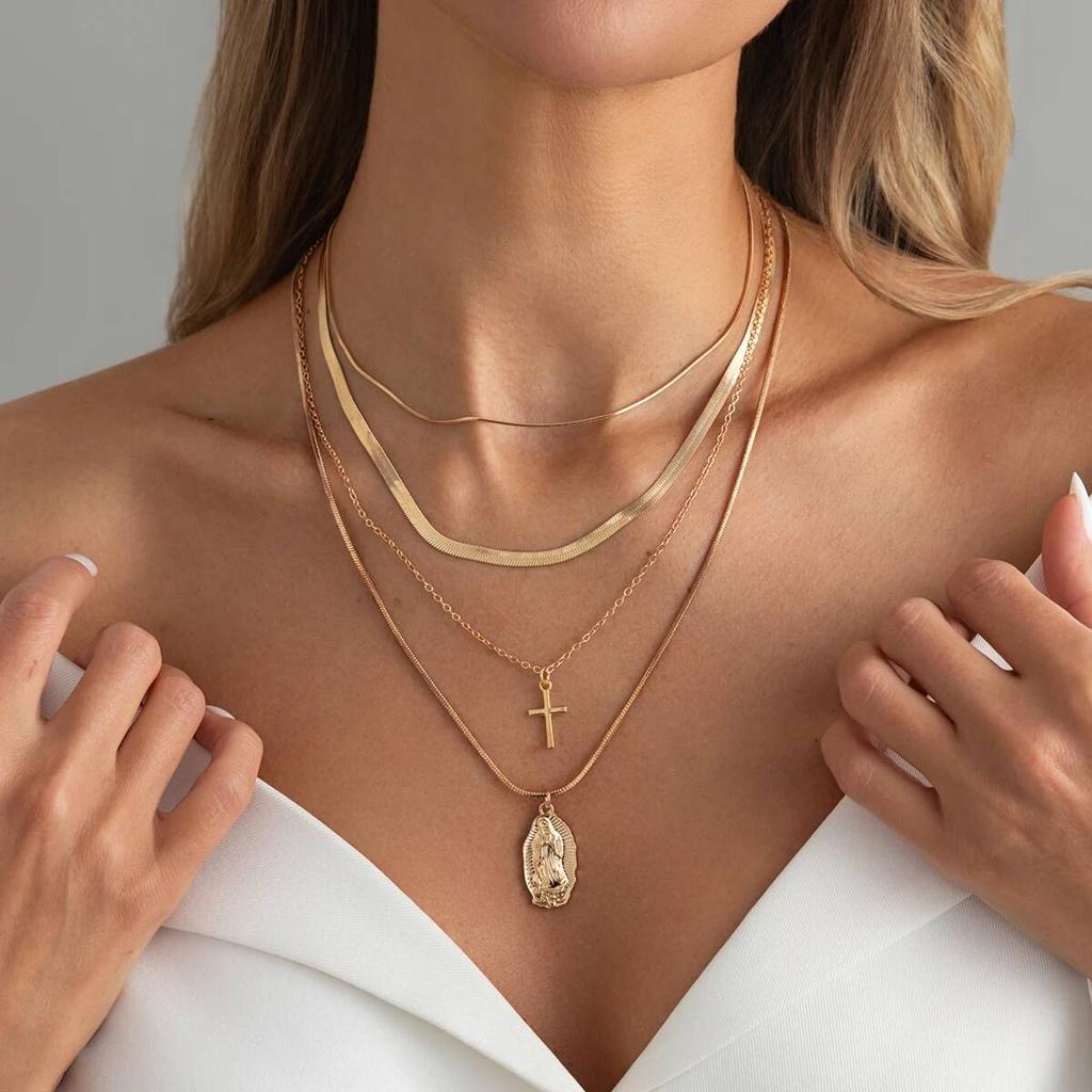 Salircon 4Pcs/Set Simple Trend Gold Color Jesus Cross Pendant Necklace Creative Adjustable Metal Choker Chain Charm Jewelry Lady