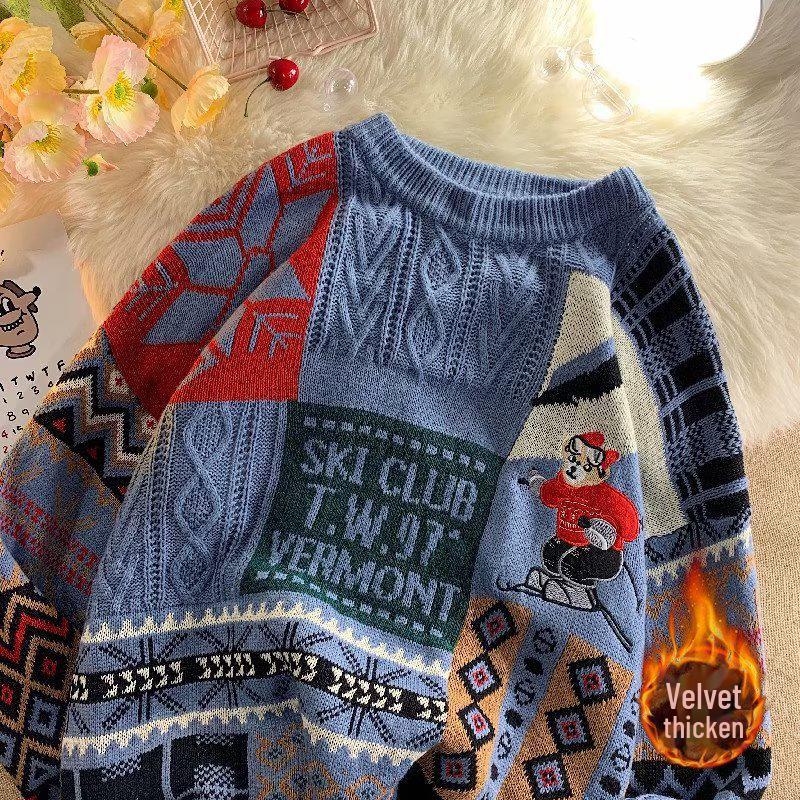 Men's Winter Retro Embroidered Bear Sweater: Loose, Warm, Plus Velvet Knitted Design for Couples