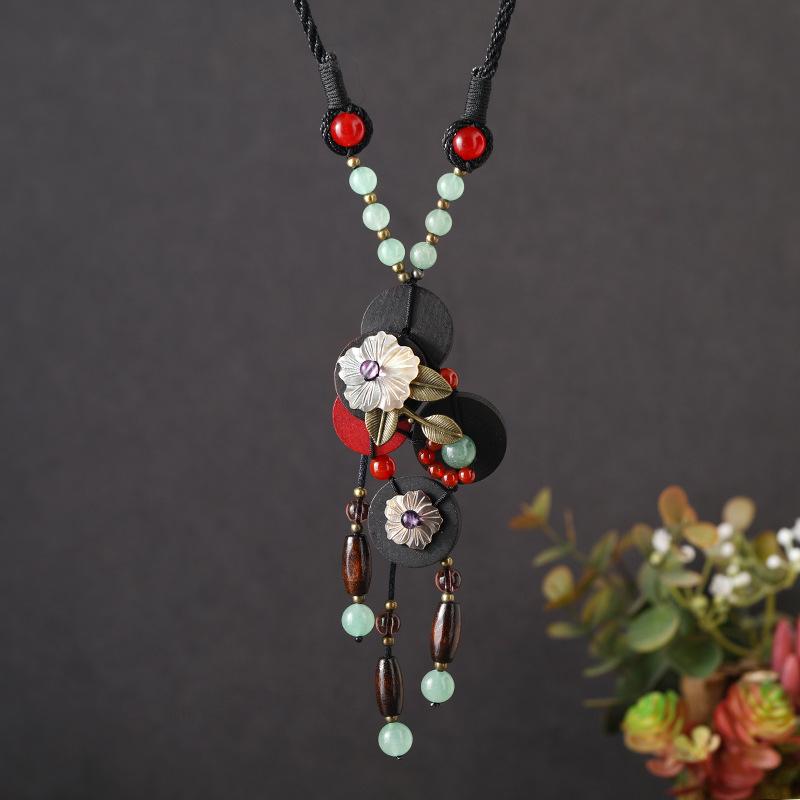 Женская винтажная этническая длинная цепочка-свитер с кисточками, плетеная деревянная подвеска из халцедона, ювелирное изделие с художественным темпераментом