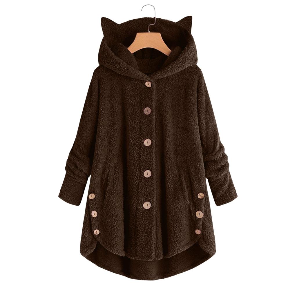 Women's Loose Plush Solid Color Single Breasted Pocket Hood Zipper Jacket