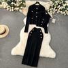 Autumn Winter Women Elegant Gold Button Knitted Sweater 3 Piece Set Single Breasted Jacket Coat Vest Long Midi Sheath Skirt Outfits