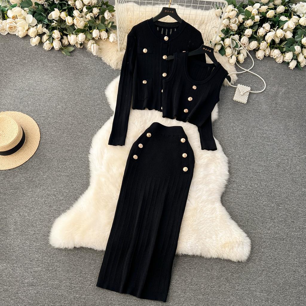 Autumn Winter Women Elegant Gold Button Knitted Sweater 3 Piece Set Single Breasted Jacket Coat Vest Long Midi Sheath Skirt Outfits