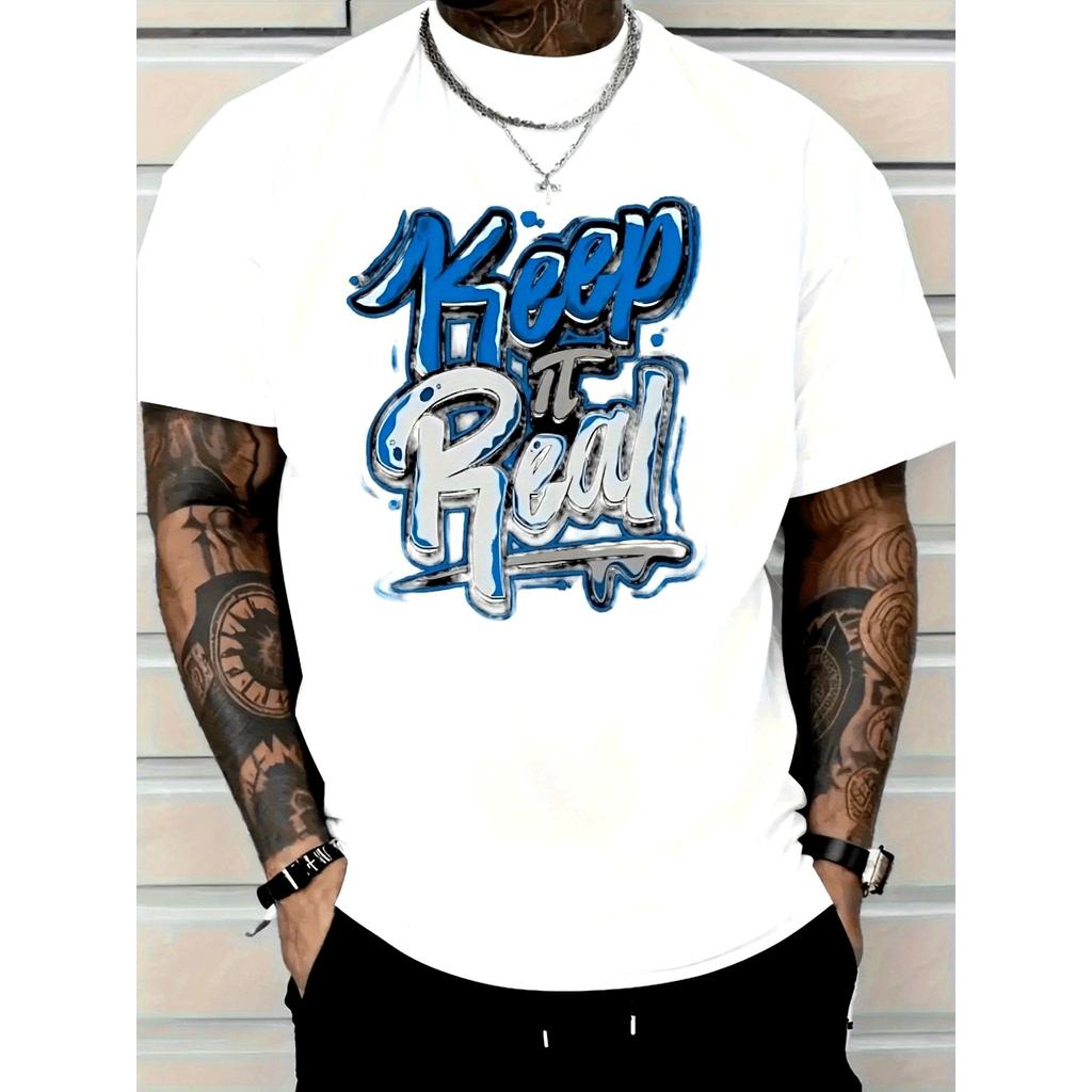 Keep It Real Graffiti Graphic Tee Men Round Neck Short Sleeve Streetwear T-Shirt Casual