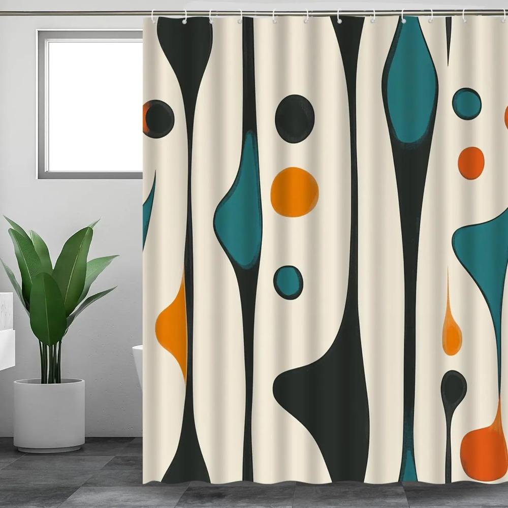 Black Beige Teal Printed Shower Curtain Abstract Geometric Fluid Shape Modern For Bathroom Decor