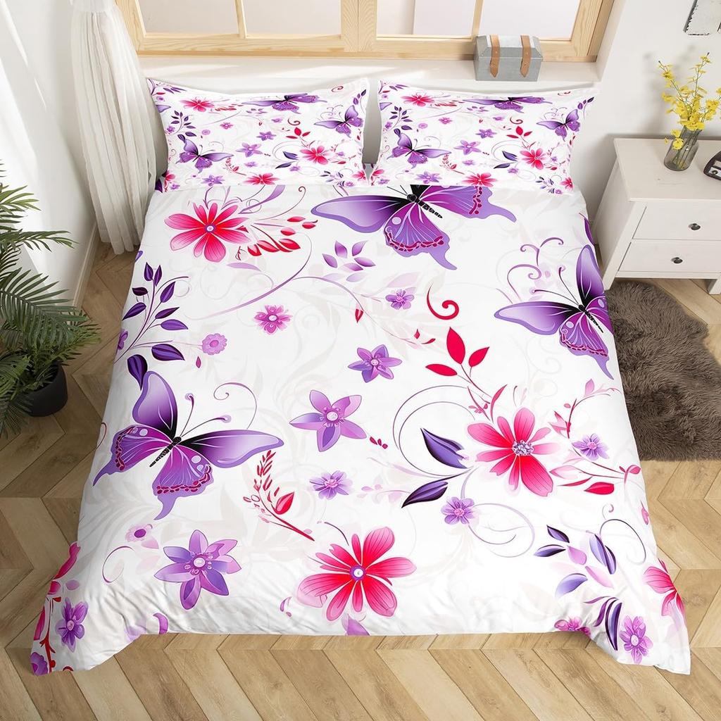 Teal Purple Butterfly Duvet Cover Queen King Size Floral Boho Decor Aesthetic Mandala Bedding Butterfly Print Set 3 Pcs