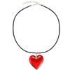 Red Heart-Shaped Glass Pendant On Black Leather Cord Necklace