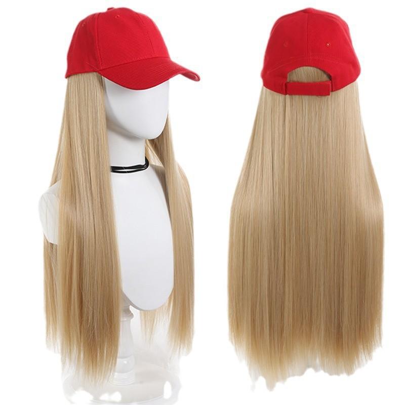 Womens Retro Red Baseball Cap With Long Straight Hair Wig Curved Brim Soft Top Hat Styling