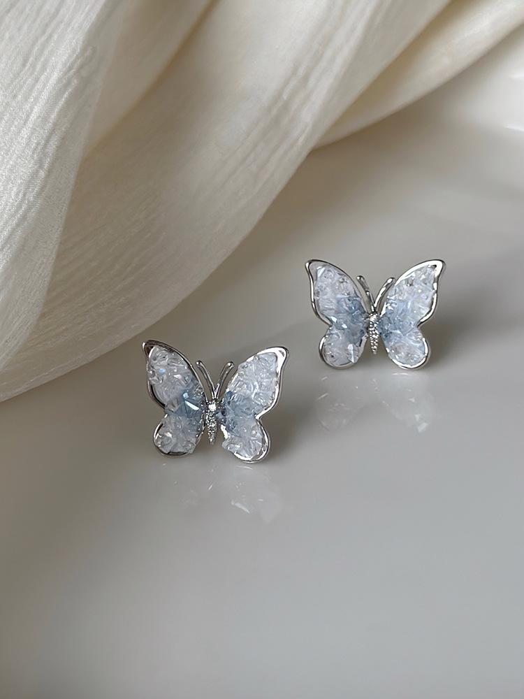 Silver Needle Crystal Flower Butterfly Earrings New Popular Earrings Fashion Light Luxury High-end Earrings