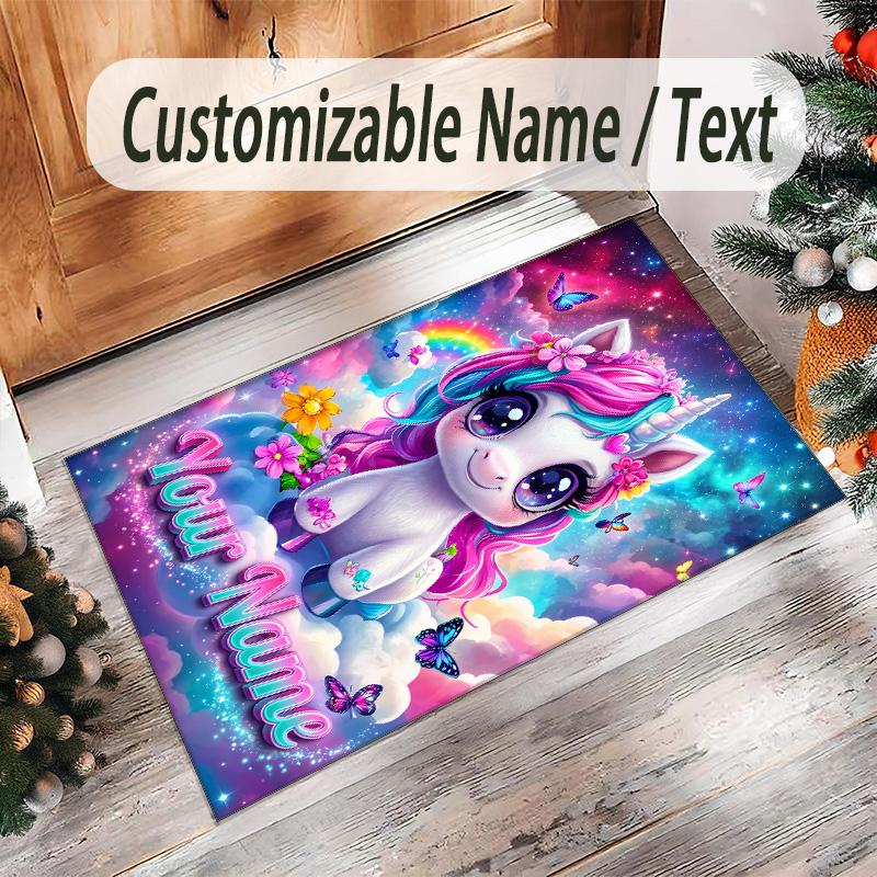 Unicorn Theme Crystal Velvet Floor Rug Personalized Custom Name Text Warm Carpet Home Decoration